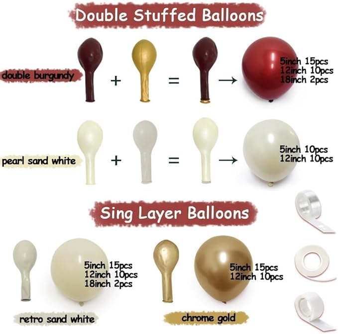 Burgundy Gold Balloons Garland Double Stuffed Wine Red Sand White Metallic Gold Latex Balloons Arch Kit for Bridal Wedding Anniversary Baby Shower Birthday Party Decorations