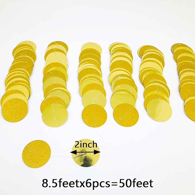 We Moment 50ft Glitter Gold Circle Dots Garlands - Paper Circle Dot Garland Party Backdrop - Hanging Decor for Wedding, Birthday, Baby Shower