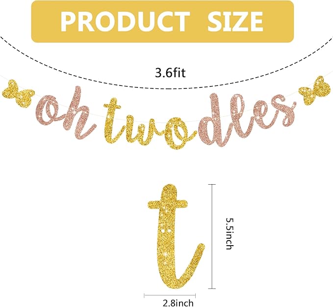 Glitter Rose Gold Oh Twodles Banner Pre-Strung Mouse Themed Cartoon Party Sign Garland 2nd Baby Birthday Decorations Birthday Party Supplies for Boys Girls,NO DIY