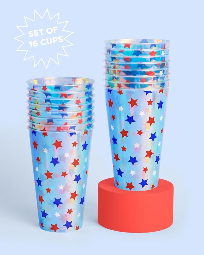 xo, Fetti Fourth of July Decorations Iridescent Plastic Cups - 16 Disposable 16 oz Cups | USA Party Favors, American Flag Party Supplies, 4th of July Decorations, Red White and Blue Decor