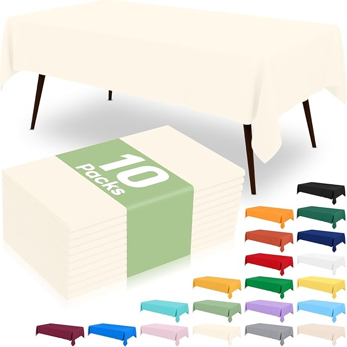 misaya 10 Packs Disposable Plastic Table Cloth, 54 x 108 Inch Waterproof Rectangle Tablecloth, Leakproof & Sturdy Decorative Table Covers for Easter, Picnic, Party and Outdoor, Beige