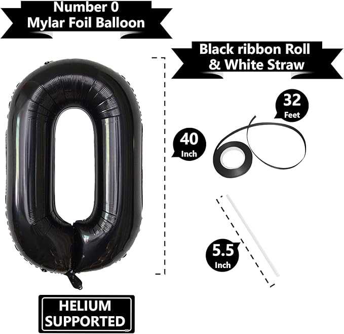 Number Balloons Black Party Balloon - Giant Number 0 Balloon, 40 Inch Large Balloon for Birthday Decorations, Black Party Supplies for Men Women