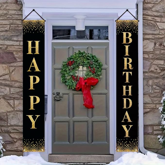 12x71 inch black gold glitter birthday porch banner indoor and outdoor hanging decoration for birthday parties, weddings, graduation ceremonies, terraces, courtyards, and home decor made of polyester fabric, reusable and easy to install