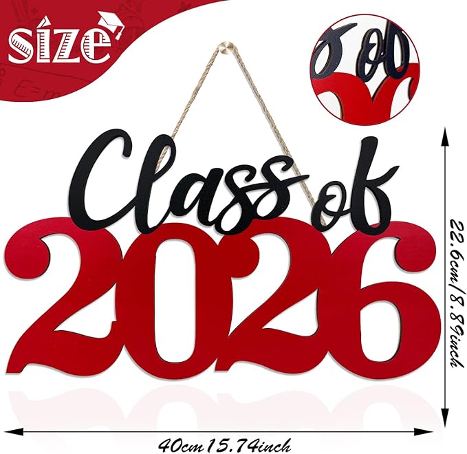 Class of 2026 Wooden Sign Graduation Decorations - Red 2026 Grad Photo Booth Prop & Party Decor