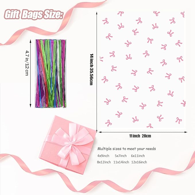 SOMIOCO Pink Bow Cello Cellophane Treat Bags Party Favor Bags Clear 50 PCS 11X14 In Pink Candy Bags Bow Gift Goodie Bags with Twist Tie for Birthday Party,Baby shower,Wedding,Valentines