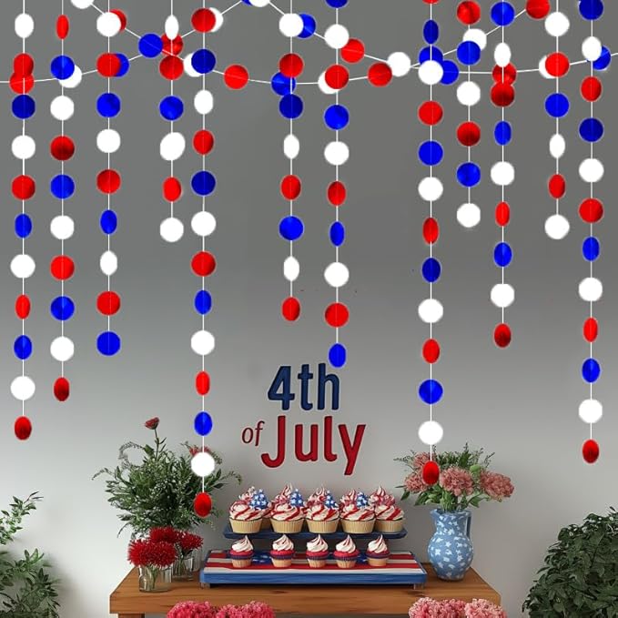 Patriotic Circle Dots Hanging Garland Red White and Blue Hanging Circle Dots Streamer Glitter Circle Backdrop for 4th of July, Independence Day, Memorial Day, Veterans Day, Labor Day Decor 40 Feet