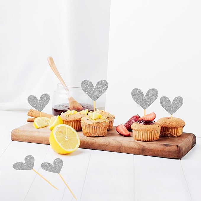 24Pcs Glitter Heart Cupcake Toppers for Valentine's Day Decorations, Mixed Size Double-Sided Heart Valentine's Day Cupcake Toppers for Wedding Bridal Shower Party Decorations (Silver)