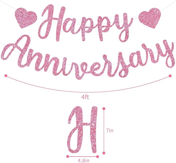 BEISHIDA Pink Happy Anniversary Banner, Pre-Strung - Glitter Happy Anniversary Banner,NO DIY - Glitter Garland Sign for Wedding Engagement Party Decorations & Decor