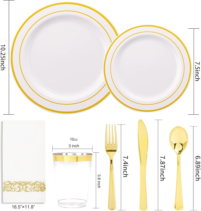 350 Pieces White and Gold Plastic Plates - 50 Guest Dinnerware Set Include 100 Plates, 50 Gold Plastic Silverware, 50 Paper Napkins and 50 Cups for Wedding Baby Shower Spring Birthday