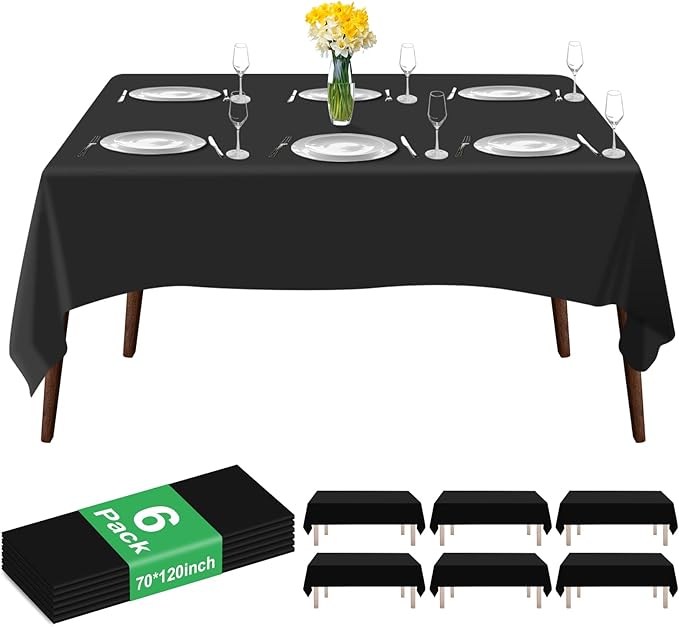 6 Pack Premium Black Plastic Table Cloth -70 X 120 Inch Rectangle Tablecloth, Disposable Tablecloth Plastic Table Cover for Parties (6, Black, 70" X 120" Rectangle)
