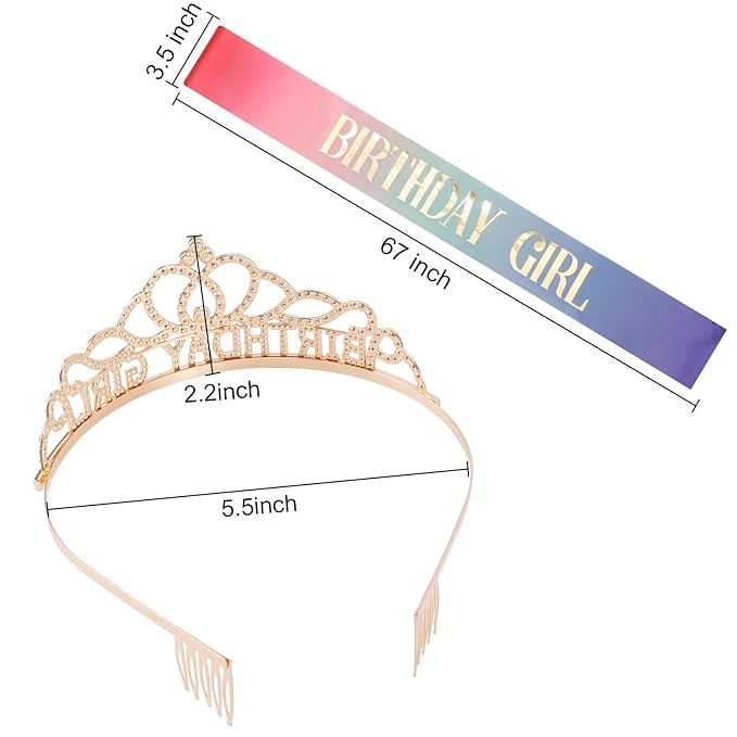 Chanaco Birthday Crown and Sash Set for Women, Gold, Hairband with 'Birthday Girl' Sash Rhinestone Tiara and Hair Accessories for Party Favors, Ideal Gift for Adults