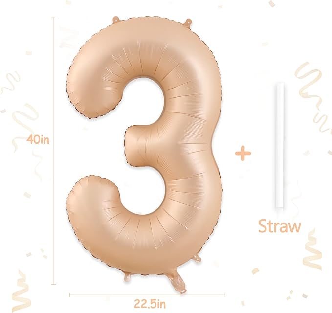 3 Balloon, Number 3 Balloon, 3 Balloon Number 40 Inch, Beige Large Big Foil Number Balloons for Birthday Party Graduation Wedding Anniversary Baby Shower Bachelorette Decoration Supplies
