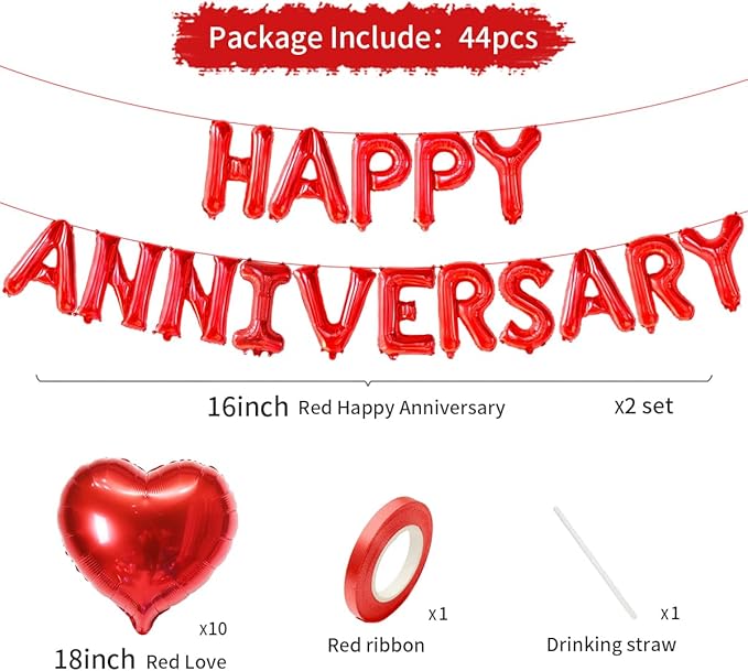 2 Set 16 Inch Happy Anniversary Balloons Letters Banner, Happy Anniversary Decorations, Happy Anniversary Balloons Sign for Valentines Day/Wedding Anniversary Party Decorations (Red Happy Anniversary)