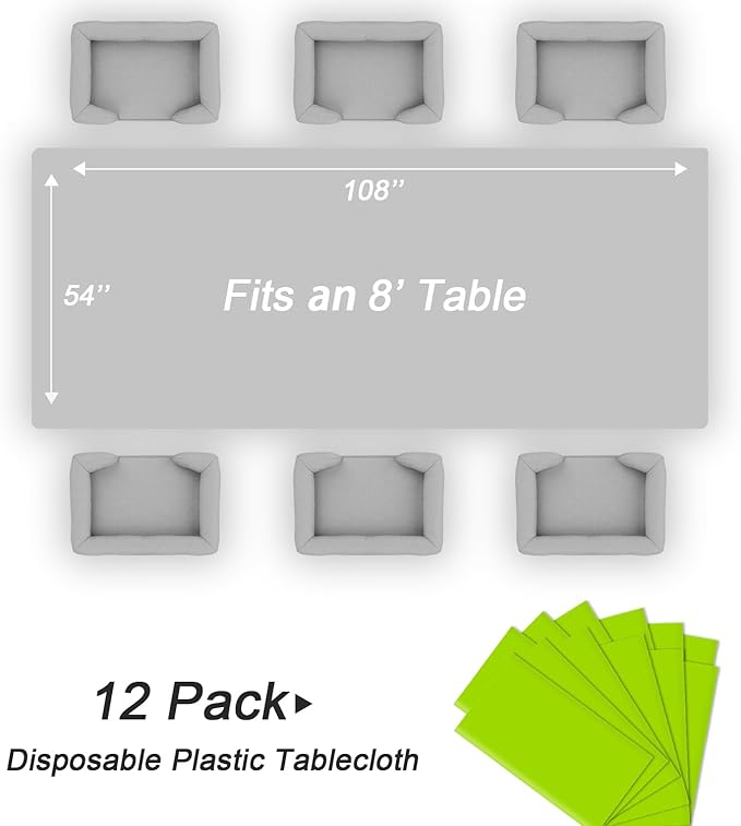QIKSION Lime Green Plastic Table Cloth Disposable 12 Pack, 54 x 108 Inch Tablecloths for Party, Birthday, Halloween, Christmas Decorations, Rectangle Table Cover