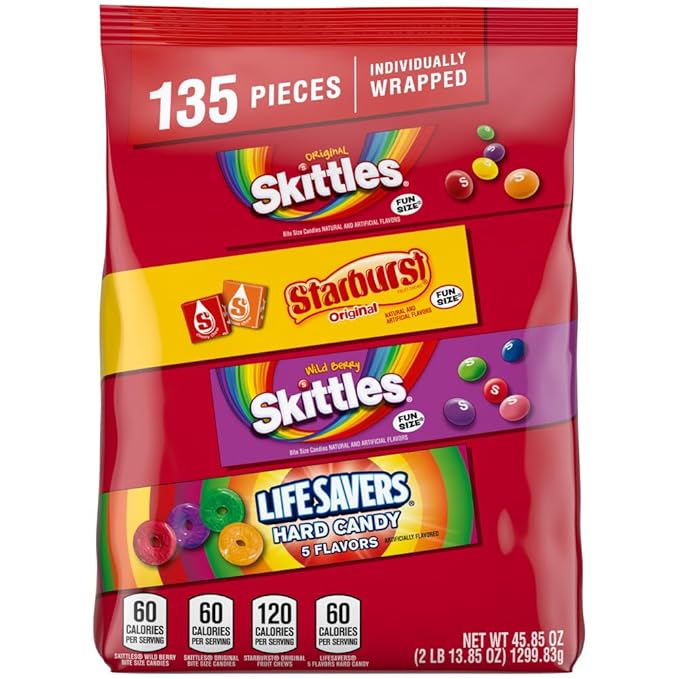 SKITTLES Original, SKITTLES Wild Berry STARBURST & LIFE SAVERS Hard Candy Fun Size Fruity Candy Assortment, 135 Ct Bulk Bag