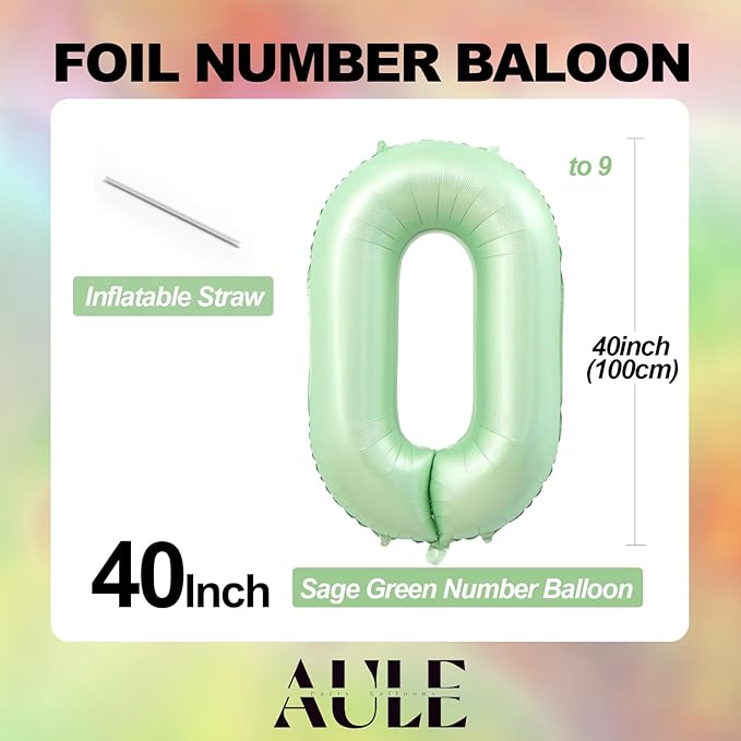 AULE 40 Inch Large 4 Balloon Numbers Sage Green, Big Foil Number Balloons, Giant Helium Happy Birthday Party Decorations for Man and Women, Huge Mylar Anniversary Party Supplies