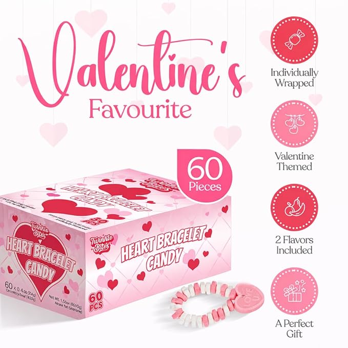 60 Pack Valentines Day Bracelet Candy – Individually Wrapped Holiday Themed Love Heart Candies – Strawberry, Tutti Frutti Delicious Flavors – Bulk Valentine Candy's Great Use, For Kids Party Favor, Classrooms Partys, Goodie Bags
