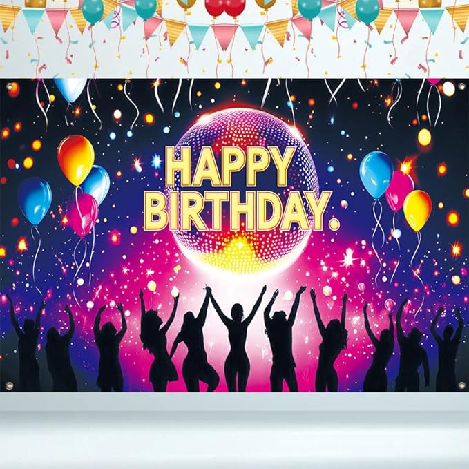 Happy Birthday Porch Banner 71x43 Inch, Large Disco Party Backdrop with Neon Lights Balloons and Dance Crowd, Birthday Decorations for Indoor Outdoor Yard Patio Wall Hanging