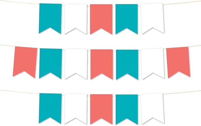 Andaz Press Hanging Pennant Banner with String, Turquoise Aqua, White, Coral, 1-Set, 24 Pennants, Approx. 12-Feet Long
