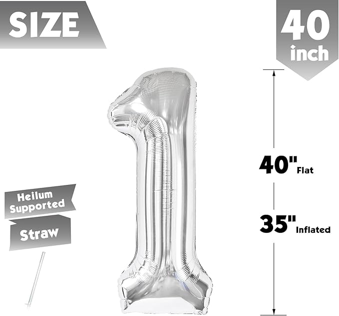 40 Inch Silver Number 1 Balloon, Giant Number 1 Balloons for 11th 12th 21st Birthday Decorations, Party Supplies for Baby Boy Girl, Silver Party Decor
