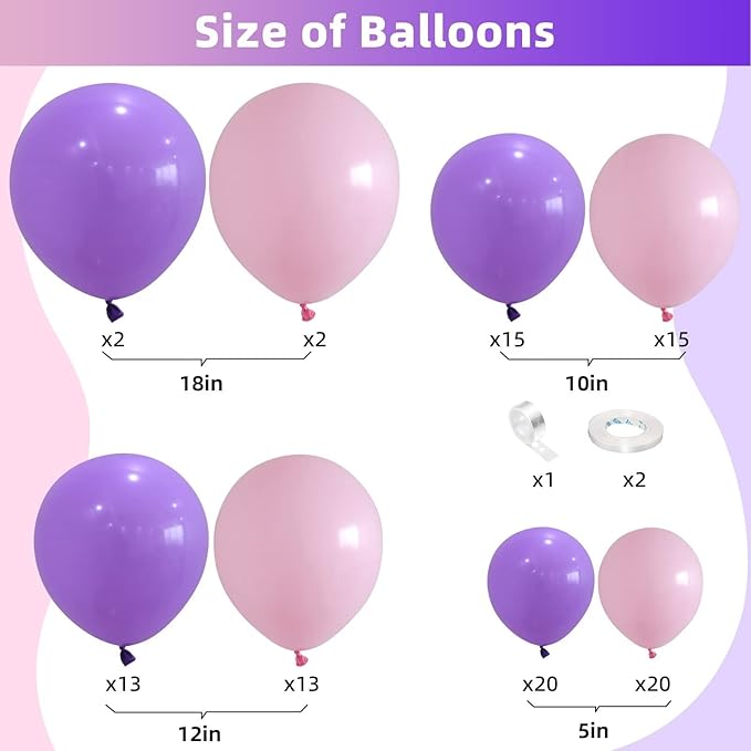Pastel Pink Purple Balloon Garland Kit, Macaron Pink and Purple Balloon Arch Kit, Latex Balloons Different Sizes 18/12/10/5 inch for Wedding Bridal Shower Baby Shower Party Decorations