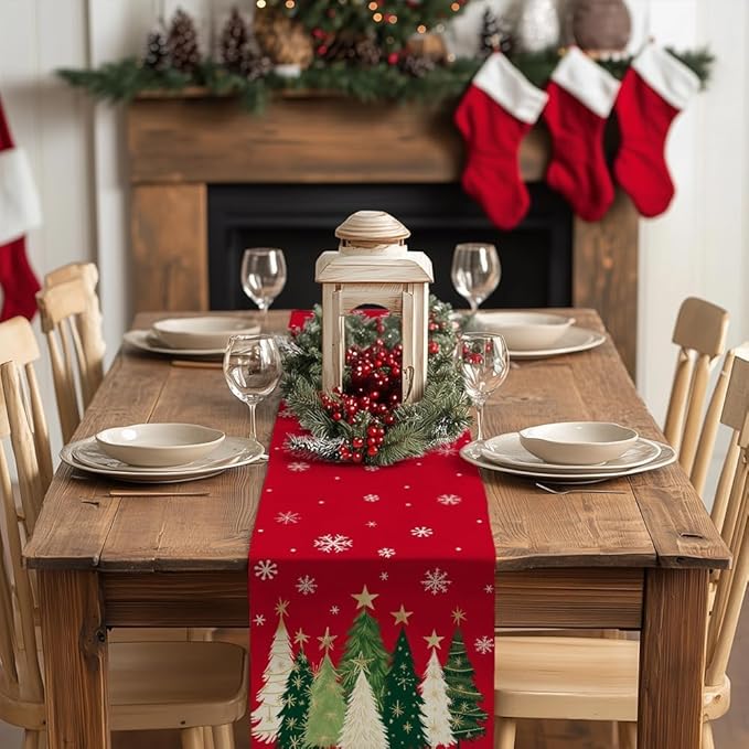 GEEORY Christmas Table Runner 13x72 Inch, Xmas Trees Snowflakes Winter Holiday Decorative Farmhouse Table Decorations for Kitchen Dinning, Indoor Outdoor Dinner Party Decor (Red) GT150-72