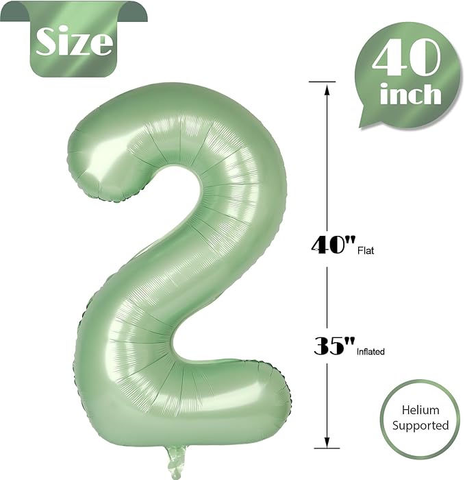 Sage Green Number 2 Balloon 40 Inch, 2 Balloon Number, 2nd Birthday Decorations for Baby Girls Boys Toddlers