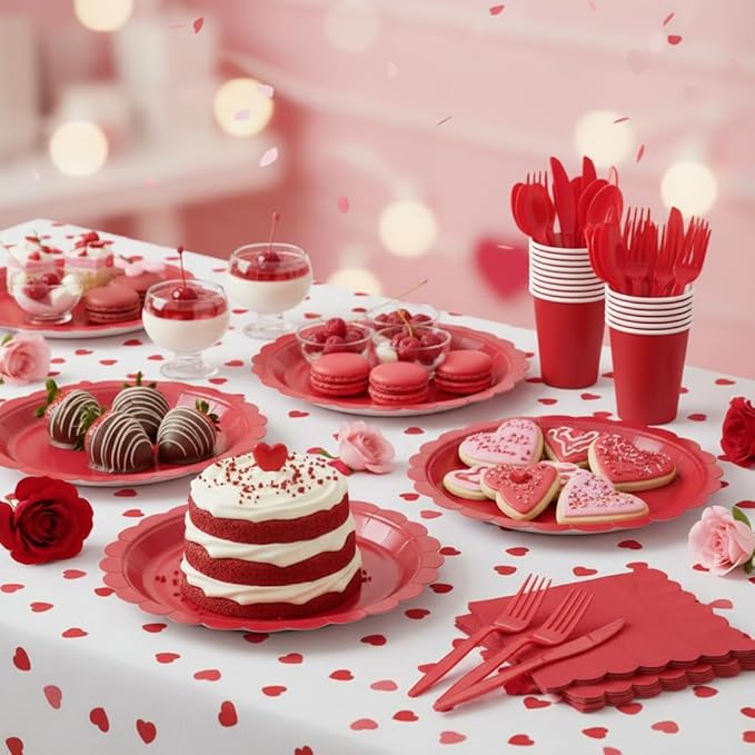 175 Pcs Red Plates and Napkins, 25 Guest Red Party Decorations Include Paper Plate and Napkins Cups Plastic Spoons Forks Knives for Birthday, Picnic, Graduation