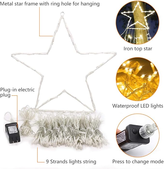 FUNIAO (New Christmas Decoration Lights, 320 LED Waterfall Christmas Tree Lights with 12" Star Topper, 8 Modes Indoor Outdoor String Lights for Yard, Party, Home, Holiday (Warm White)