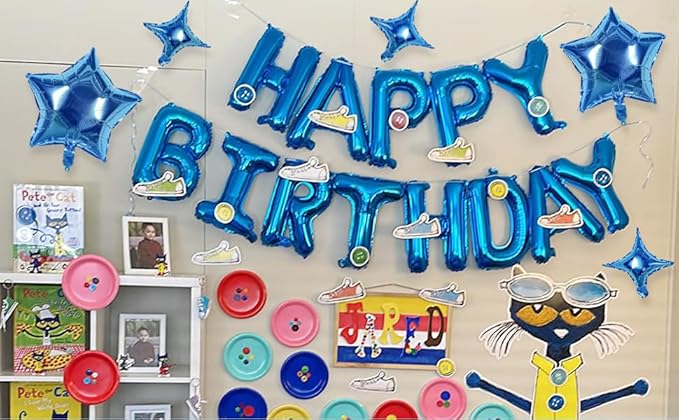HiParty 23pcs Birthday Balloons Banner, 3D Blue Premium Mylar Foil Ecofriendly Letter Happy Birthday Banner with 5pcs Star Balloons Kits for Kids Boys Men Adults Birthday Party Decorations Supplies