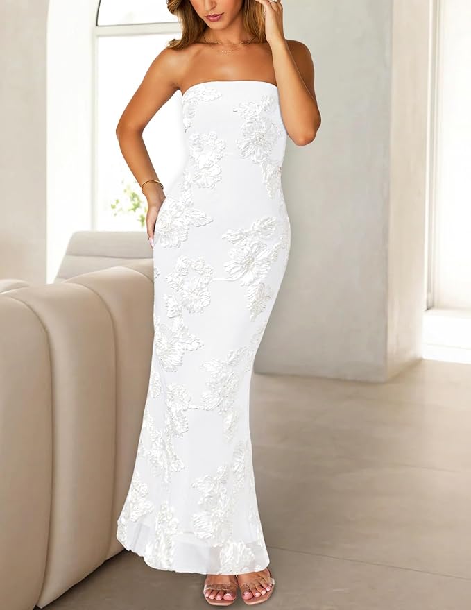 MEROKEETY Women's Floral Strapless Maxi Dress 2026 Summer Mesh Tube Bodycon Formal Wedding Guest Cocktail Party Long Dresses