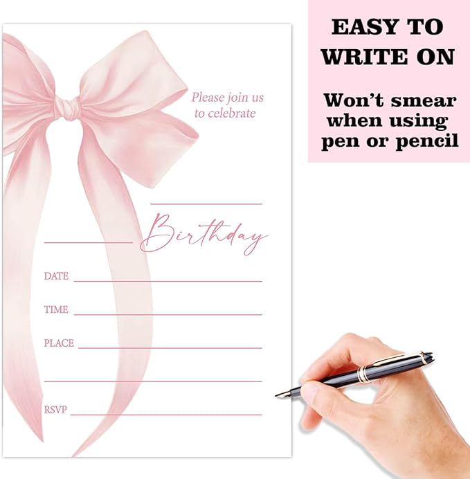 Pink Bow Birthday Invitation Cards For Girls Adult Teens, Birthday Party Supplies Favors, 20 Fill-In Invitation Cards with Envelopes -24