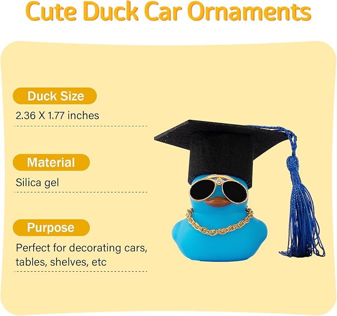 wonuu Car Dashboard Decor Graduation Hat Color Rubber Duck, Car Ducks Ornaments with Mini Graduation Hat Necklace Sunglasses (Blue)