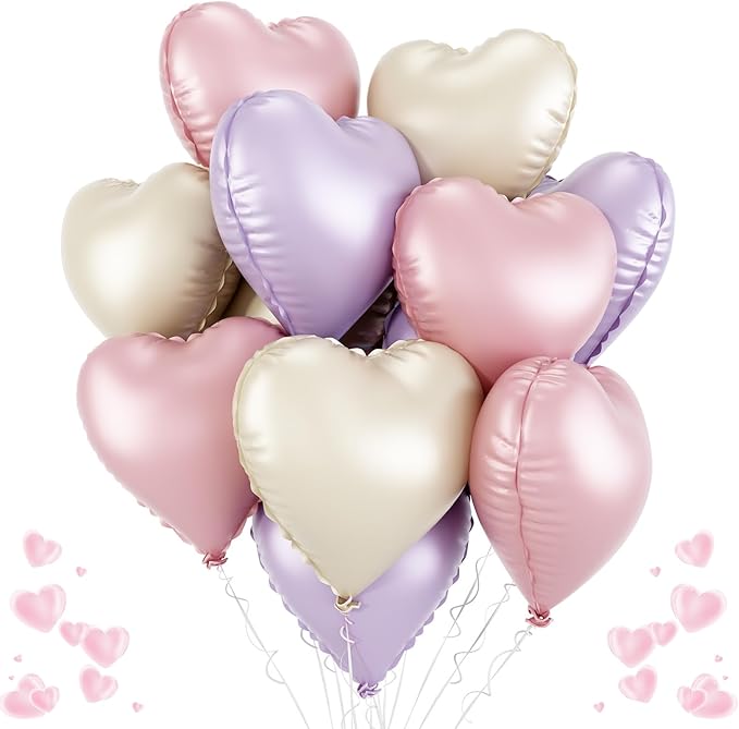 Pink Purple Heart Balloons, 12 Pcs Light Pink Lavender Cream Heart Shape Foil Balloon, 18 Inch Pastel Lila Beige Helium Balloon for Baby Shower Girl Women Birthday Wedding Bridal Valentine Party Decor