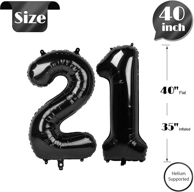 Black Number 21 Balloon 40 inch, 21 Number Balloons, 21st Black Birthday Decorations, 21 Year Old Women Men Party Supplies
