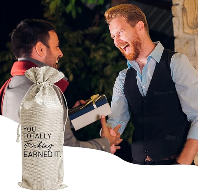 Funny New Job Gift Wine Bags, Going Away, New Job Gifts for Friends, Coworker & Boss, You Totally Fucking Earned It Funny, Promotion, Burlap Drawstring Wine Bag