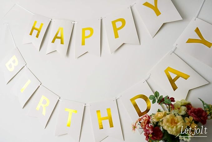 Happy Birthday Banner Sparkle White Golden Bunting Signs Party Supplies for Birthday Party Decorations 13 Pieces