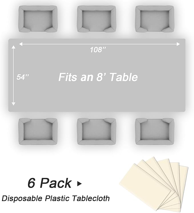 QIKSION Ivory Plastic Table Cloth Disposable 6 Pack, 54 x 108 Inch Beige Tablecloths for Party, Baby Shower, Harvest, Fall, Thanksgiving Decorations, Cream Rectangle Table Cover