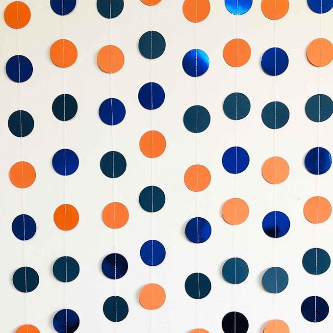 We Moment 50ft Glitter Navy Blue Orange Party Decorations Paper Circle Dot Garland Backdrop Paper Polka Dot Hanging Decor for Wedding Birthday Baby Shower Bridal Shower Graduate