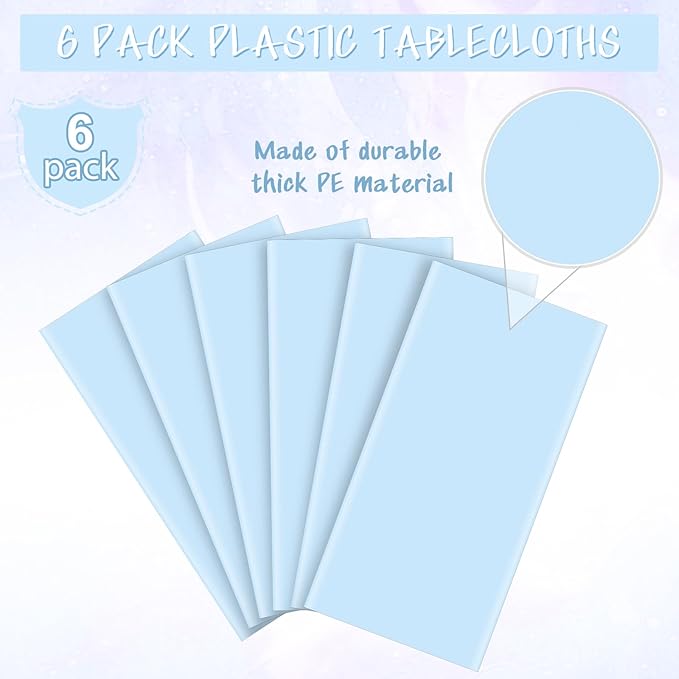 6Pcs Light Blue Tablecloths,Disposable Plastic Tablecloth,Waterproof Baby Blue Rectangle Table Cover for Graduation Birthdays Weddings Anniversary Party Decorations,54 x 108 Inch