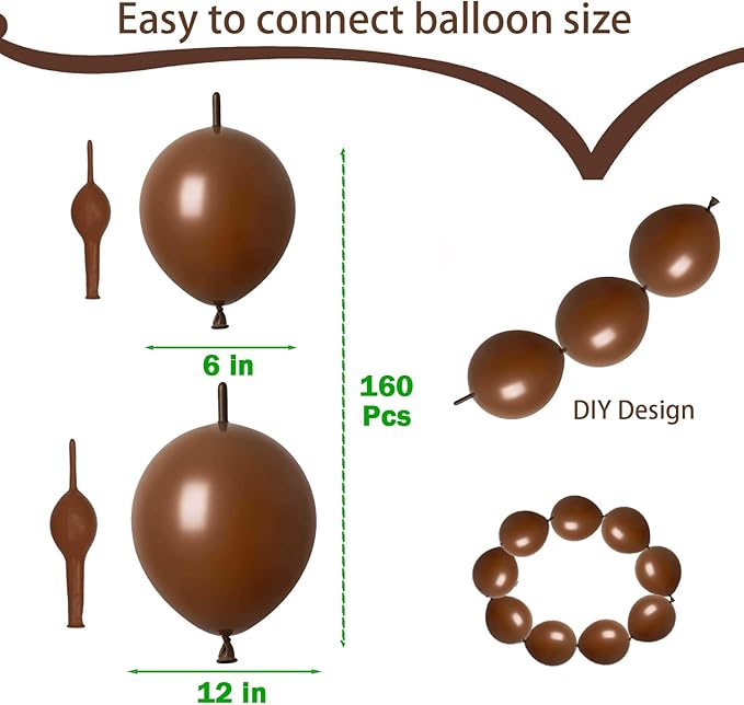 Link Balloons Brown 6 Inch 12 Inch Latex Quick Linkale Balloon 160 Pcs for Birthday, Halloween, Christmas, Party Festival Decorations
