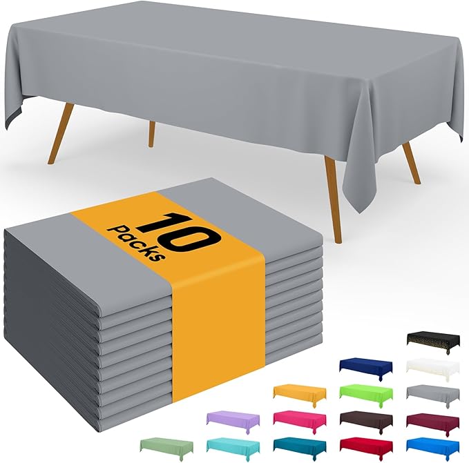 Smiry Disposable Table Cloth - 10 Pack, 54 x 108 Inch Waterproof Rectangle Tablecloths for Parties, Decorative Plastic Table Cover, Leakproof & Sturdy, Grey