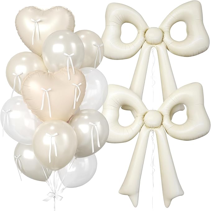 Cream Heart Balloons, 38 Inch Bow Balloons, Double Stuffed Pearl White Balloon with Bow Ribbons for Neutral Birthday Anniversary Wedding Bridal Baby Shower Valentines Day Decorations