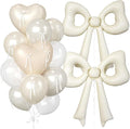 Cream Heart Balloons, 38 Inch Bow Balloons, Double Stuffed Pearl White Balloon with Bow Ribbons for Neutral Birthday Anniversary Wedding Bridal Baby Shower Valentines Day Decorations