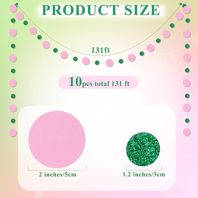 Outus 10 Pieces Pink,Green Round Dots Garland Easter Graduation Party Hanging Decor Each Length 13.1ft Glitter Paper Dot Streamers for Birthday Wedding Classroom