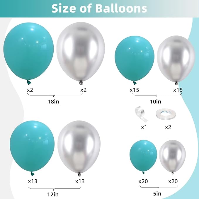 Teal Balloon Garland Kit, 100 Pcs Metallic Silver and Teal Blue Balloon Garland Kit, Turquoise Teal Blue Metallic Silver Balloons Different Sizes for Baby Shower Birthday Wedding Party Decorations
