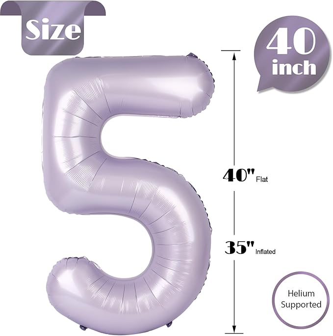 Lilac Number 5 Balloon 40 Inch, Lavender 5 Balloon Number, 5th Birthday Decorations, Lilac Mauve Party Supplies for Boys Girls