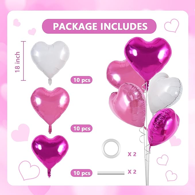 TONIFUL 30Pcs 18 Inch Pink White Heart Balloons Hot Pink Heart Shape Foil Mylar Balloons Decoration for Birthday Valentine's Day Wedding Bridal Shower Anniversary Engagement Party Supplies