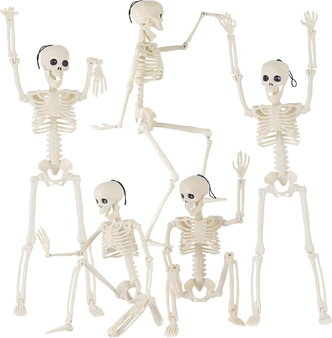 Feir 16" Skeletons Halloween Decorations – 5PCS Posable Full Body Skeletons with Movable Joints, Realistic Props for Outdoor Yard, Haunted House, Party & Indoor Halloween Decor