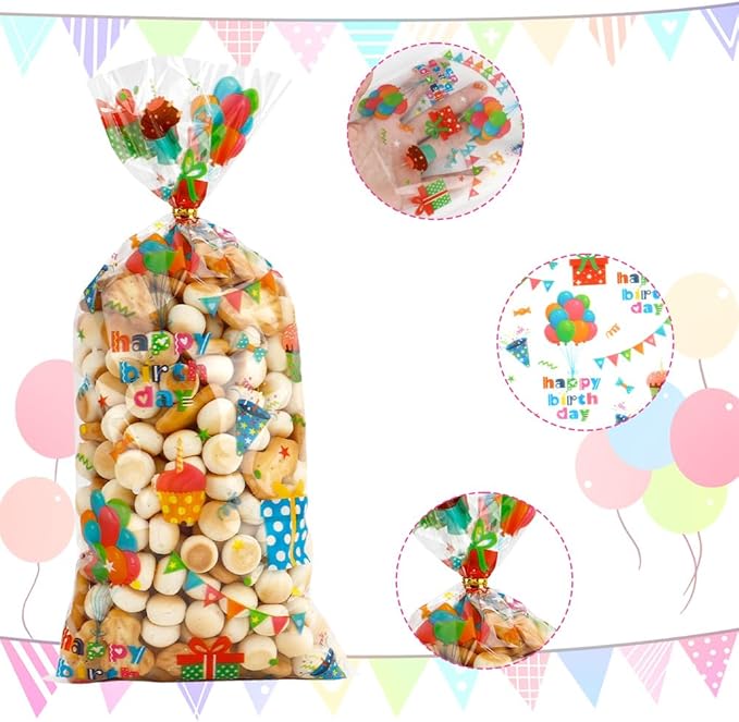 100 PCS Happy Birthday Cellophane Treat Bags(5x11 Inch) with Ties Colorful Plastic Goodie Candy Cookie Goody Loot Gifts Bags Bulk Pouches for Birthday Party Favors Supplies Decorations for Kids